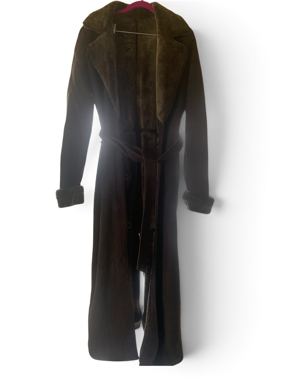 Women’s Luxe Brown Long Shearling Button Down Coat w/Belt Size S fits up to Med
